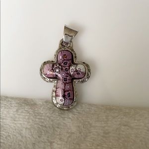 Sterling silver pinck Murano glass crosse